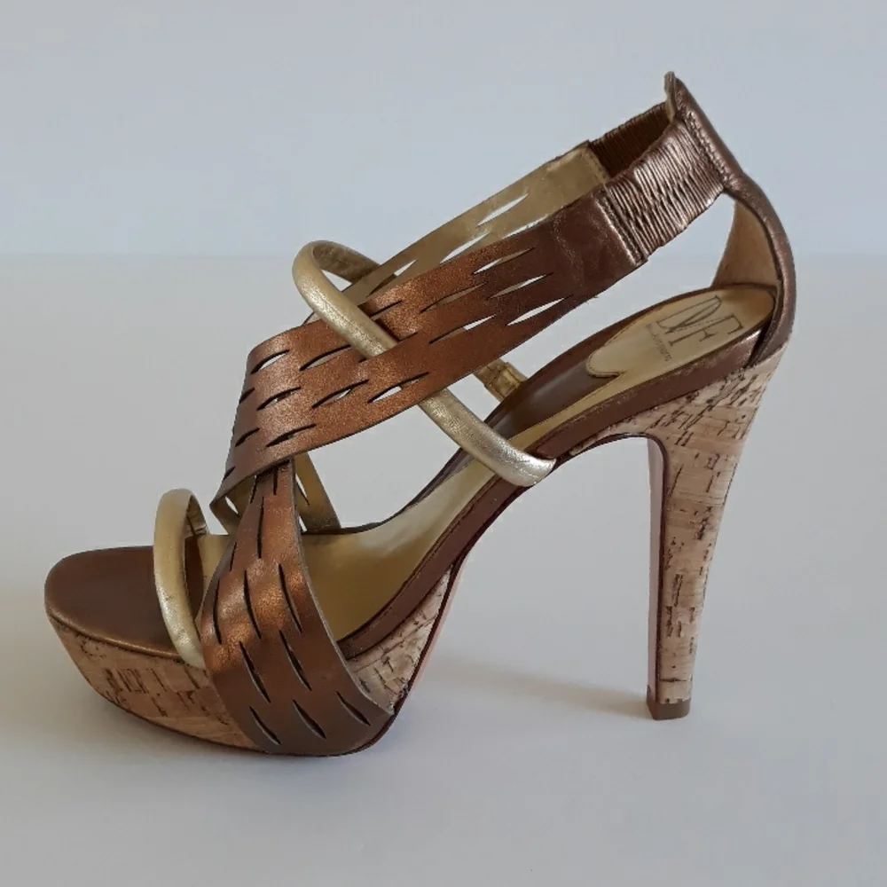 *DVF copper & gold leather slingback cork platform heels 9M Brazil